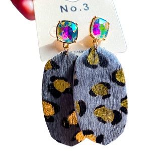 Iridescent/grey leather leopard earrings